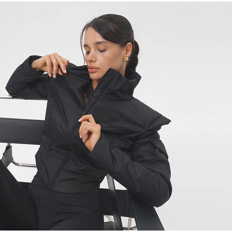 Women's Winter Coat Short Padded Coats Stand Collar Cinched Waist Pad Shoulder Zipper Jacket Street Warm Outerwear For Ladies