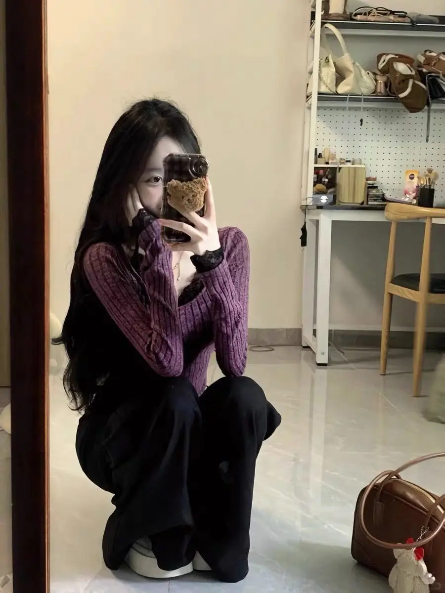 New Women's Autumn and Spring Casual Fitted Slim Regular-Shoulder Lace Spliced Long-Sleeve T-Shirt