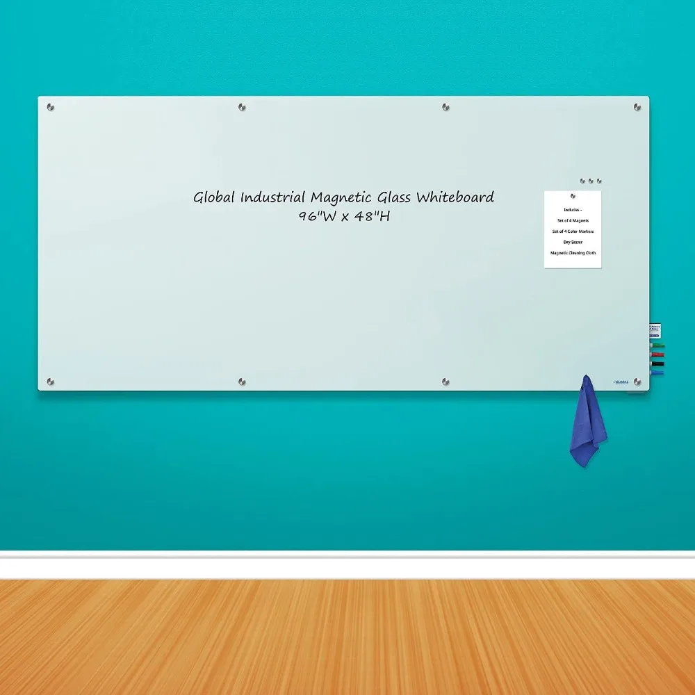 سبورة بيضاء قابلة للمسح الجاف من الزجاج المغناطيسي 48 عرض × 36 ساعة مع أقلام تحديد وممحاة وقماش ممحاة، أبيض، بدون إطار، 4 مم T #6