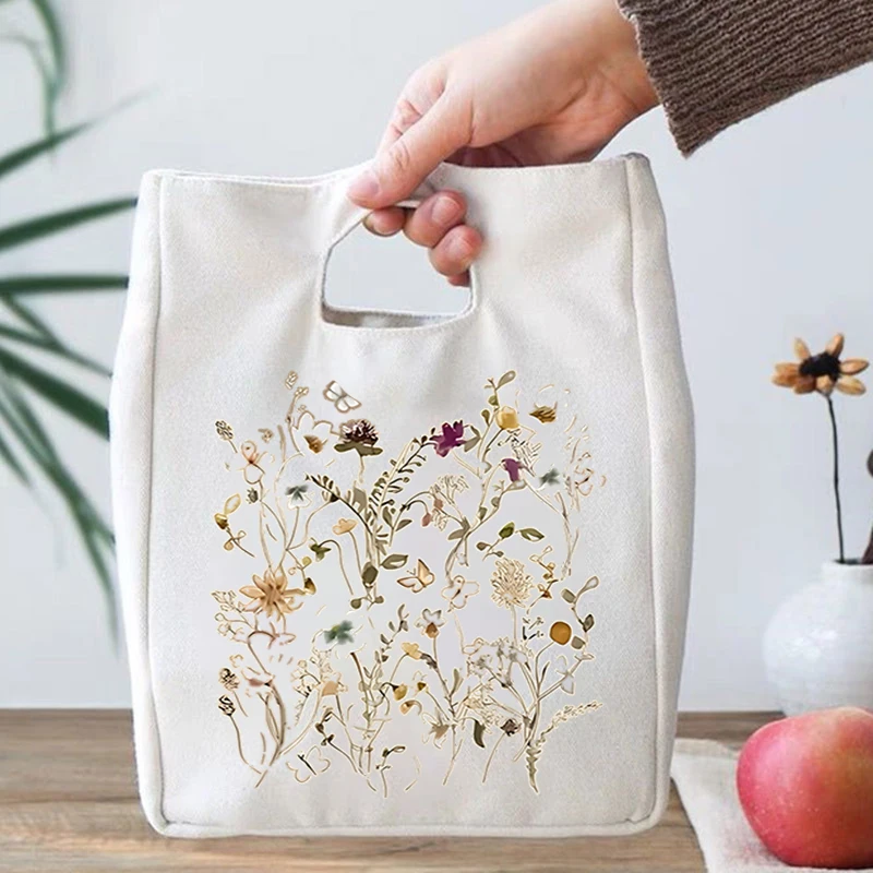 Butterfly Flower Pattern Designs Portable Lunch Bag Women Boho Flower Insulated Canvas Lunch Bag Students Lunch Picnic Food Bags