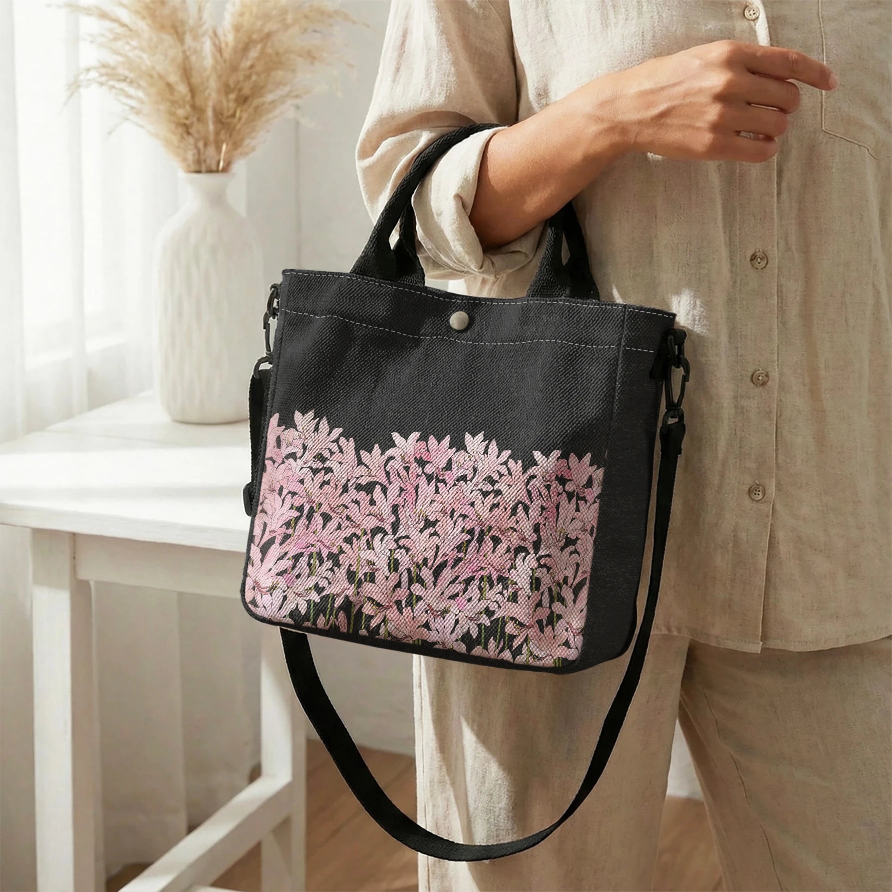 Pink Floral Border Print Tote Bag, Detachable Strap Crossbody Handbag For Daily Work Shopping