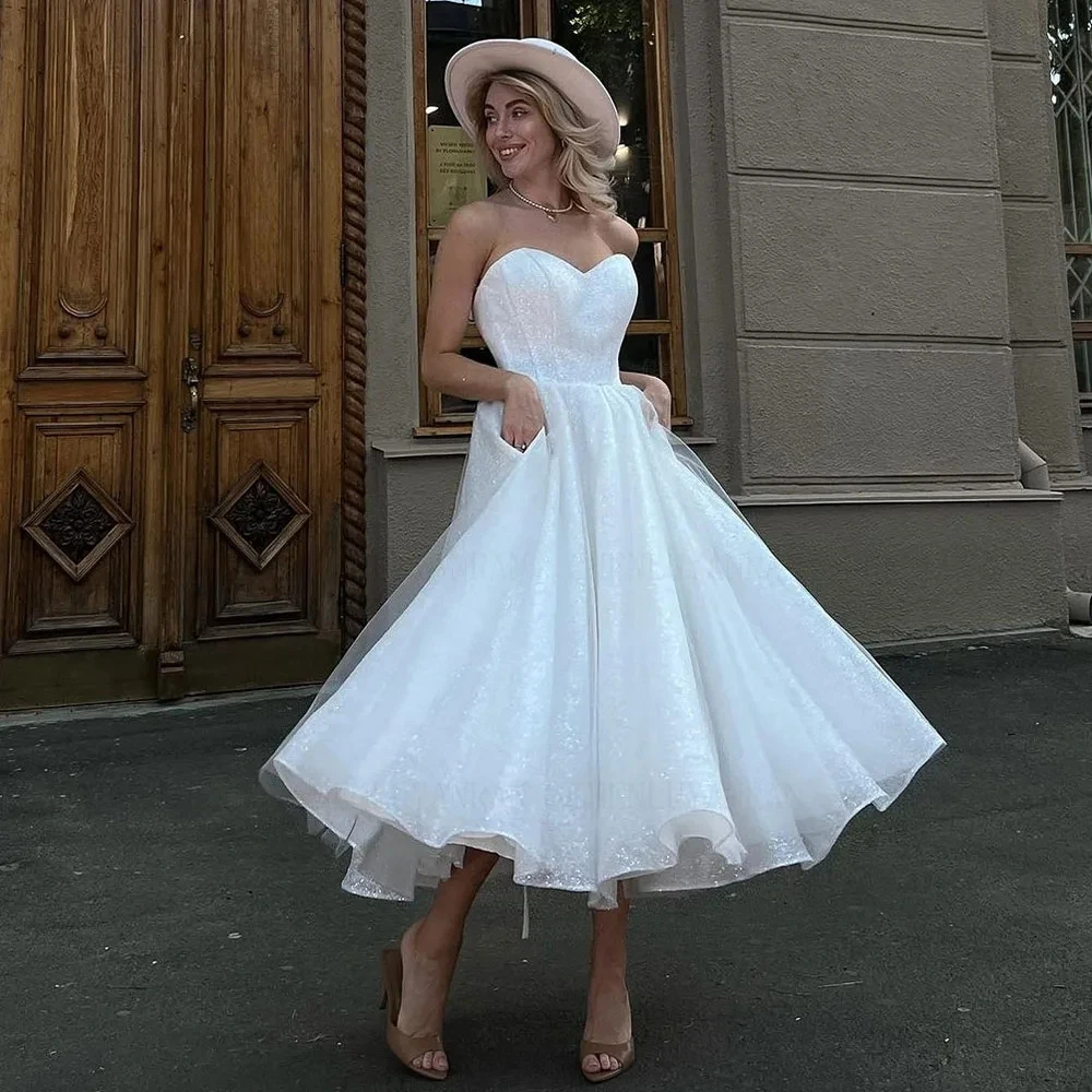 Glitter Sequins Wedding Dresses With Pockets Tea-Length Tulle Bride Party Dress Strapless Slit vestidos de novia