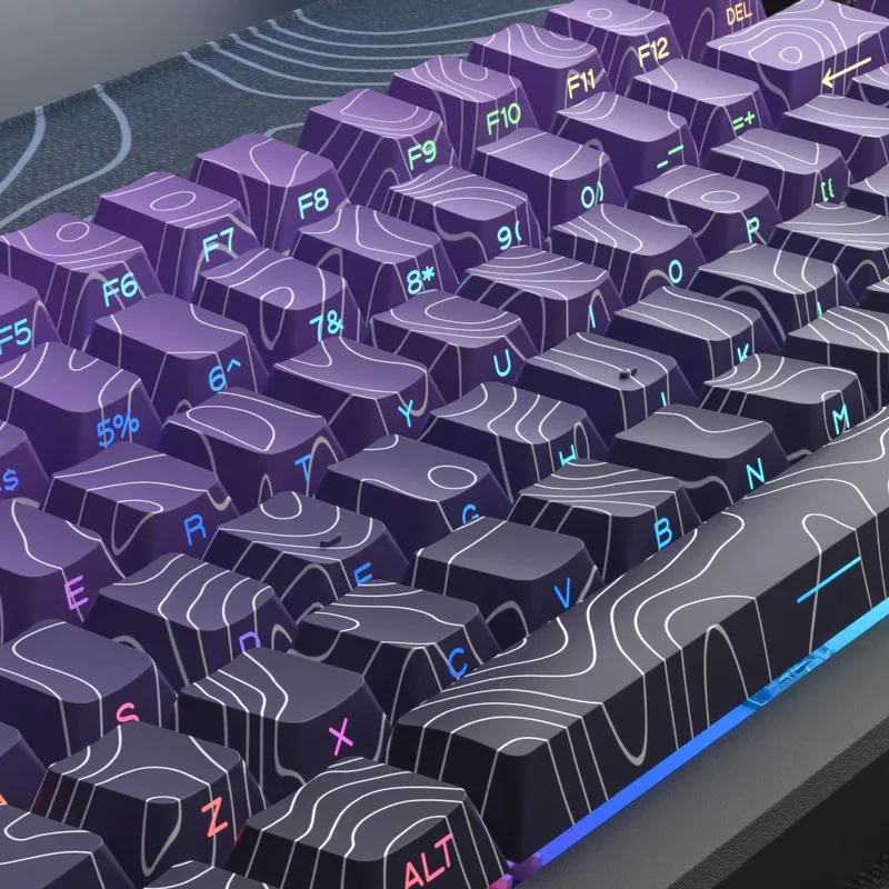

Purple Topographic Side Print Shine Through Keycaps 130 Key Cherry Profile Double Shot Dye Sub PBT for MX Switch