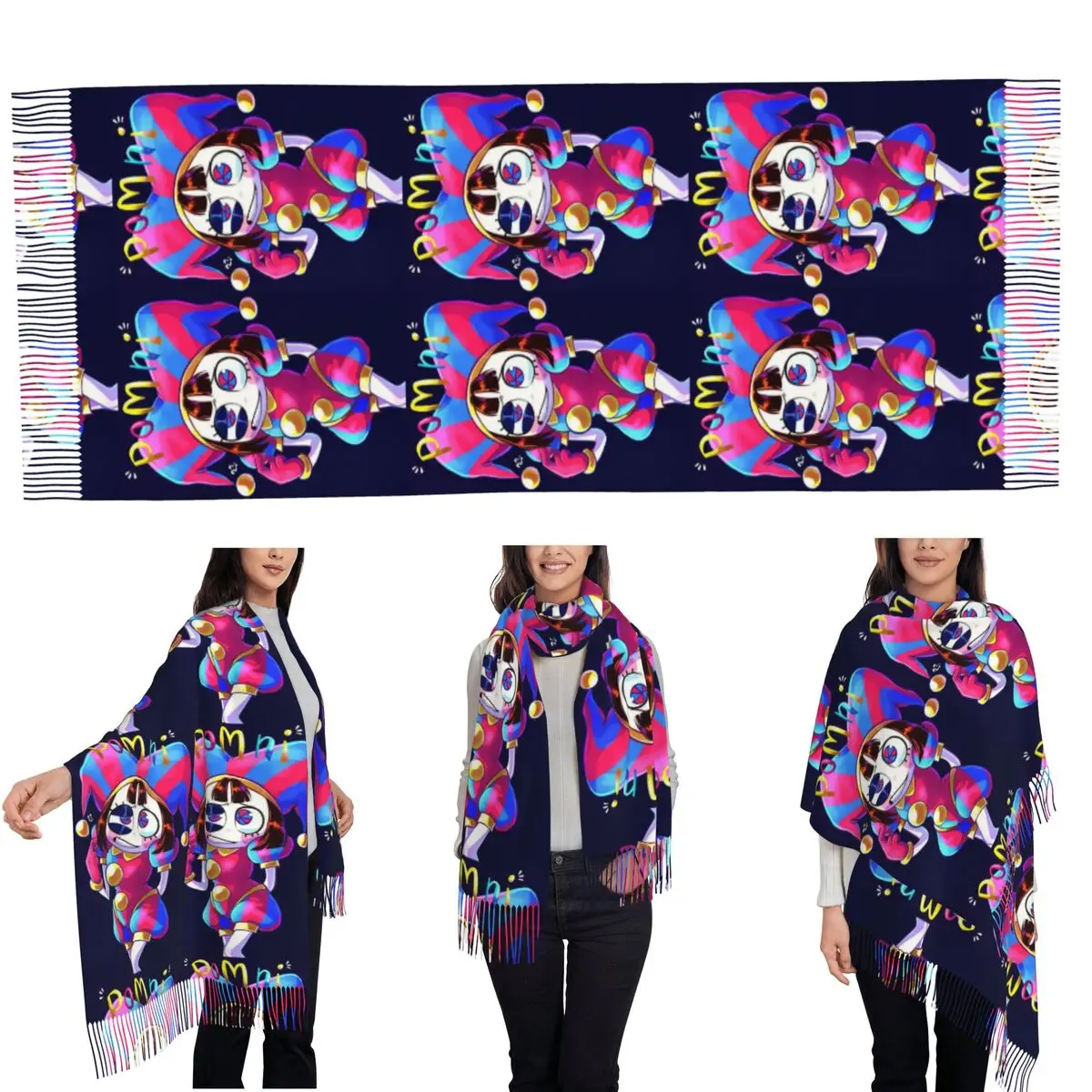 Pomni The Amazing Digital Circus Scarf Tassel Scarves Women Soft Warm Shawls and Wraps Long Fall Winter Shawl Wrap