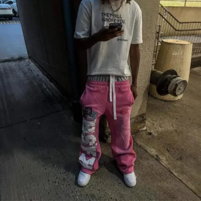 الخريف الاتجاه شارع العليا INS الرجال النساء فضفاضة عادية مستقيم الساق مزدوجة الخصر الأمريكية رسالة مطرزة الرباط السراويل #1
