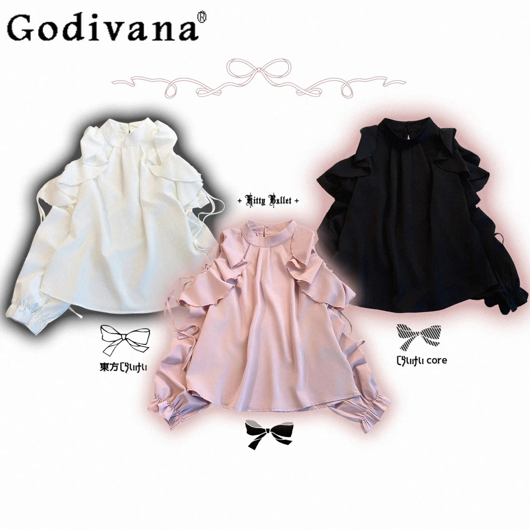 

2026 Spring New Japanese Style Original Sweet Girl Tie Off-Shoulder Chiffon Ruffle Long Sleeve Top Daily Commute Versatile Shirt