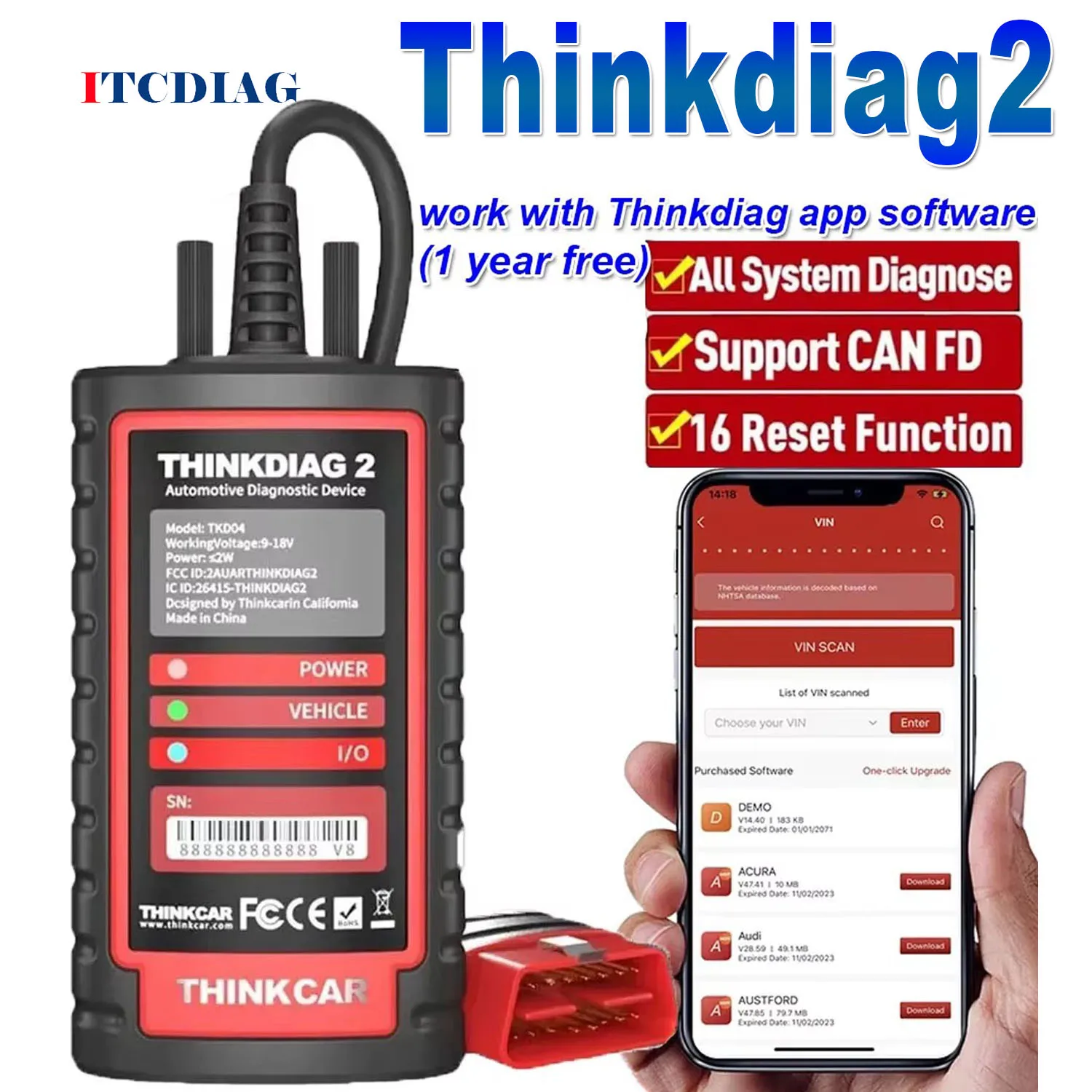 Thinkcar ThinkDiag 2 Thinkdiag2 Canfd CAN FD protocol All Reset Service OBD2 Diagnostic Tool Active Test ECU Coding TPMS VIN