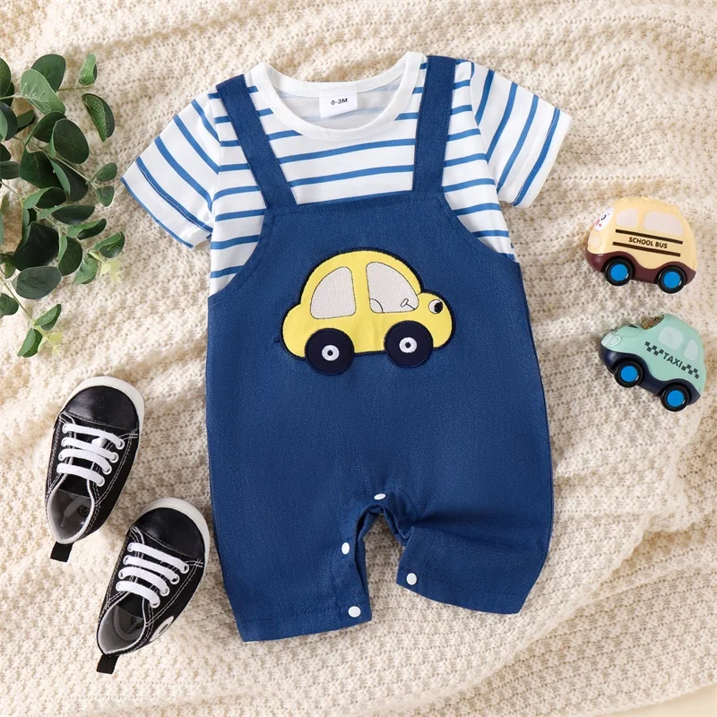 Newborn Baby Boy Striped Romper Round Neck Short Sleeve Car Patch Fake Two-Pieces Playsuit Short Jumpsuit Infant Summer Clothes