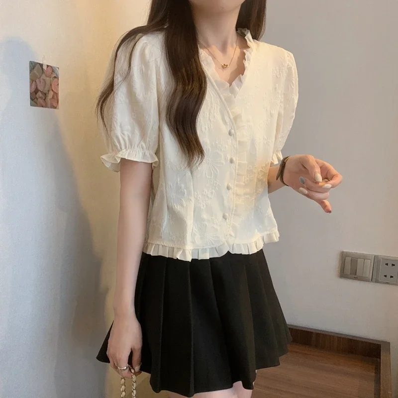 Casual Summer Shirts for Women 2024 Elegant Fashion Short Sleeve Korean Y2k Clothes Vintage Ruffles Puff Sleeve Crop Top Blouses