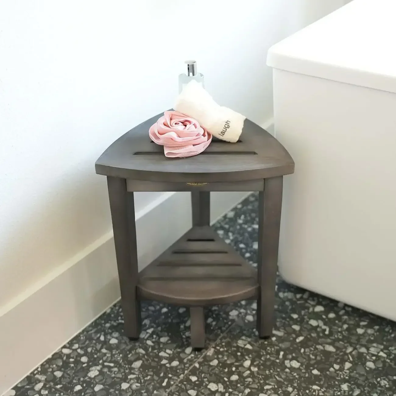 Snazzy Corner Gray Waterproof Teak Wood Shower Bench Stool Seat Chair for Inside Shower Provides Safety, Storage, and Organizati