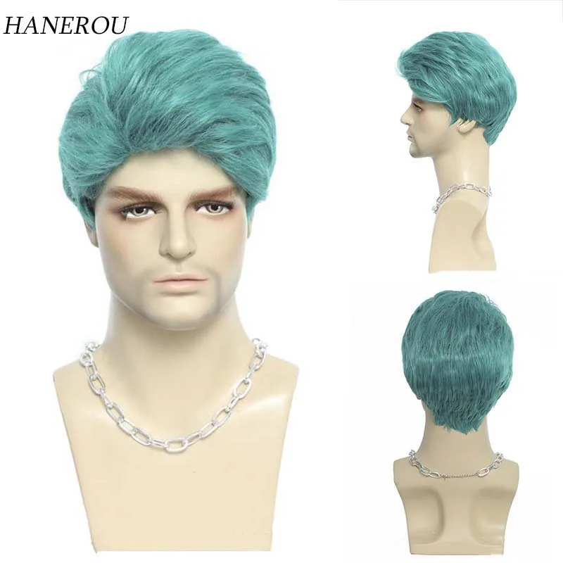 

Fashion Men's Short Wig Cyan Hair Synthetic Wig With Bangs Men Boys Daily Cosplay Costume Anime Halloween