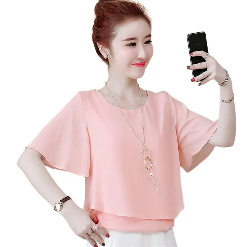 Women Summer Chiffon Tops Elegant Half Sleeve Blouses Solid O-Neck Female Work Wear Shirts 10 Colors Tops Blusas