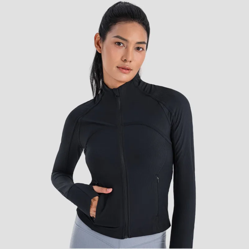 Veste de sport à manches longues avec poche pour femme, manteau de sport, sweat-shirt de course, vêtements d'entraînement, fermeture éclair complète