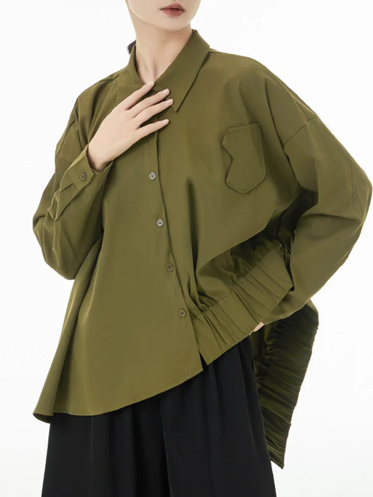 [EAM] Women Army Green Pleated Irregular Big Size Blouse New Lapel Long Sleeve Loose Shirt Fashion Spring Autumn 2024 1DF5153