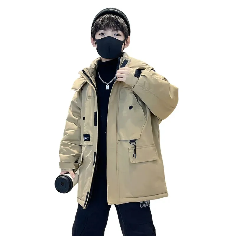 

Boys Clothing Winter New Fashion Mid-length Cotton Jacket Fleece Thick Warm Parka Casual Hooded Top Kids Clothes for Teens 4-14Y