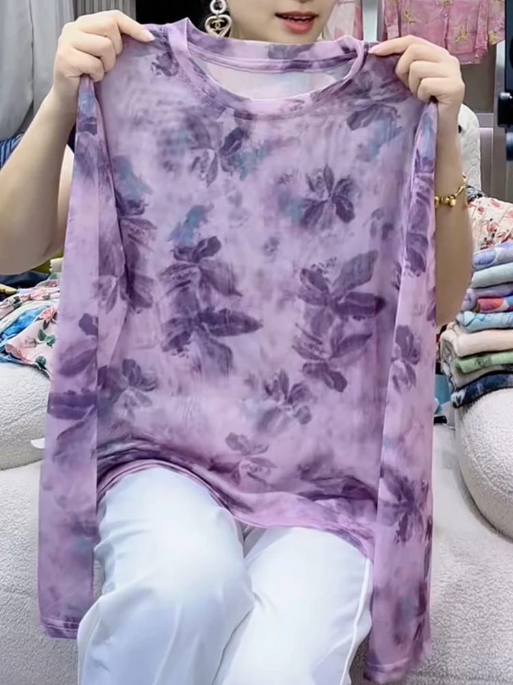 

Ele Women's Loose Fit Thin Print Long Sve T-irt Purple Top Faionable Versatile Commute Sle Korean Version Summer