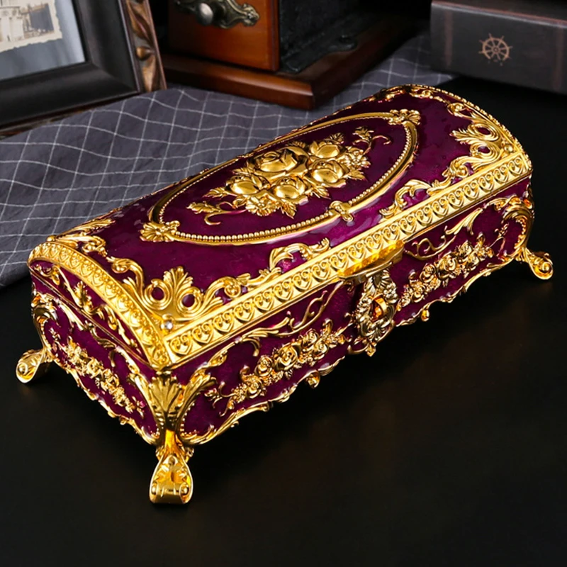 Retro Zinc Alloy Rose Jewelry Storage Box Creative Metal Rectangle Trinket Ring Necklace Organizer Storage Box