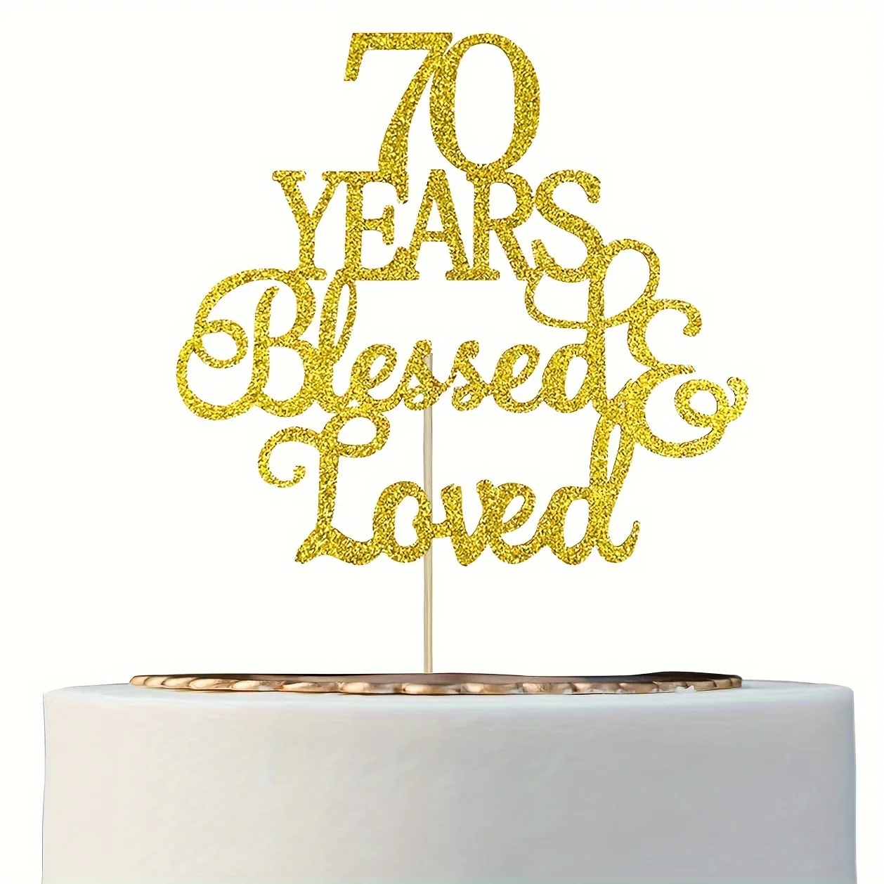 Décoration de gâteau à paillettes dorées, 70 ans, bénie et aimée, décoration de gâteau élégante pour la célébration du 70e anniversaire ou du anniversaire, 1 pièce