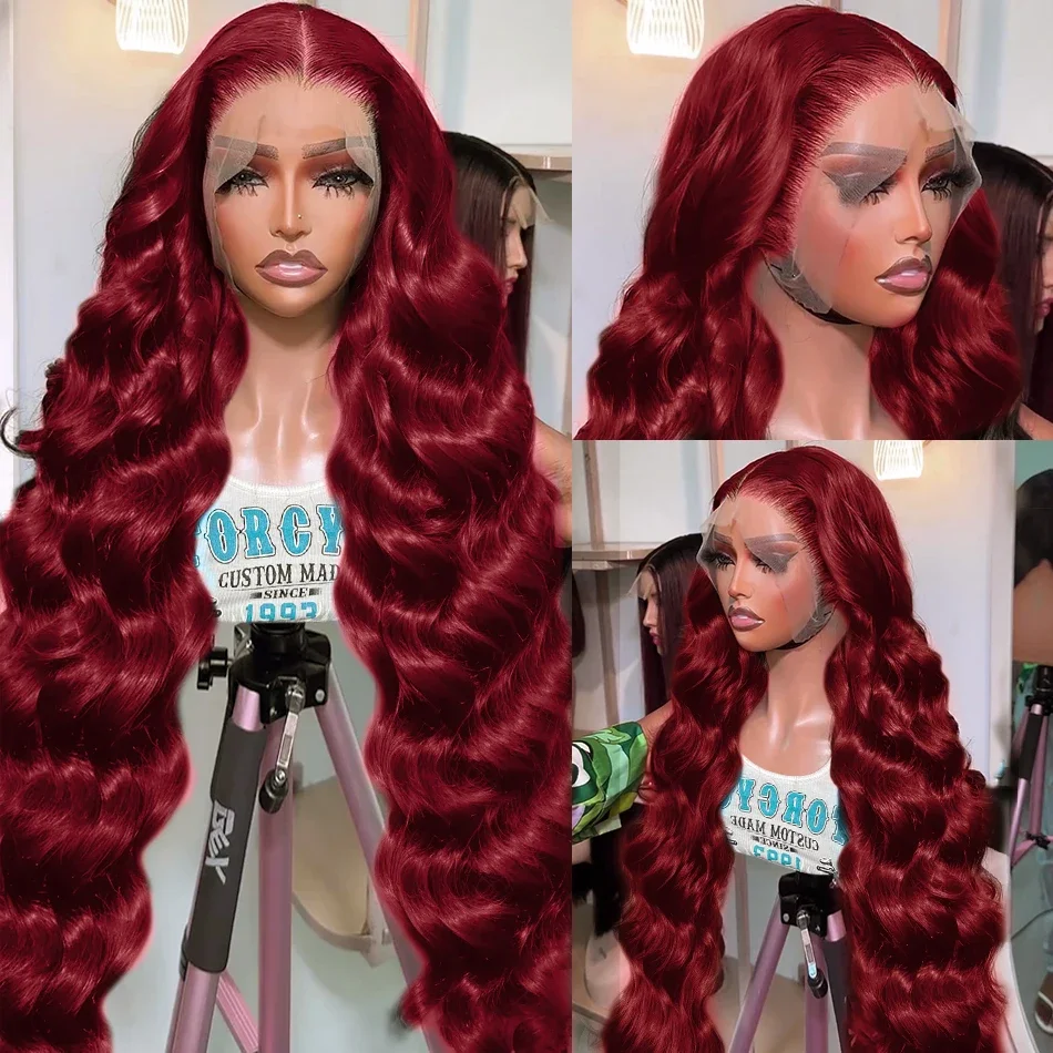 Perruque Lace Front Wig Body Wave Naturelle, Cheveux Humains, Couleur Rouge Bordeaux 99J, 13x4, 13x6 HD, Pre-Plucked, pour Femme, 30 Pouces