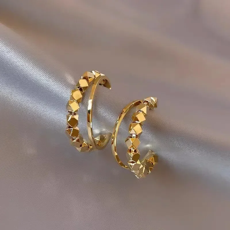 Creative Double Layers Bling Metal C Typed Drop Earring for Women Gold Color Geometric Elegant Sweet Jewelry Girl Gift