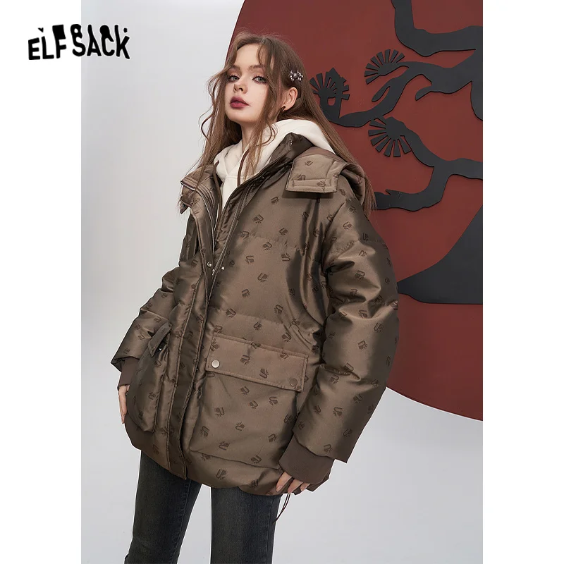 ELFSACK Brown Down Coats Women 2023 Winter Loose Mid-length Designed Jackets