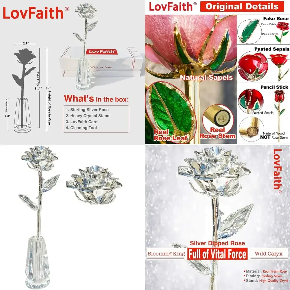 

Настоящая роза, покрытая толстым слоем стерлингового серебра, с хрустальной подставкой, идеально подходит для подарков на 25-летие или день рождения.