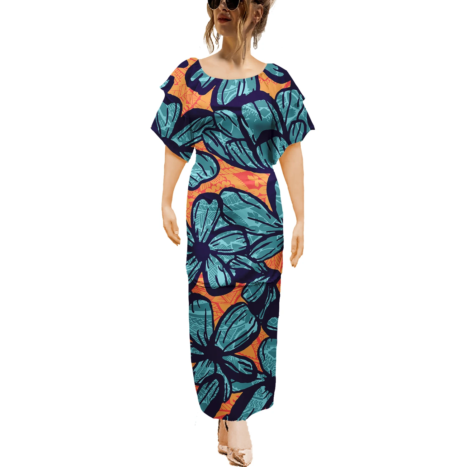 Plus Size Women's All Seasons Hawaiian Tropical Style Short Sleeve Puletasi Samoa Dress 2 Piece Set Island Dress