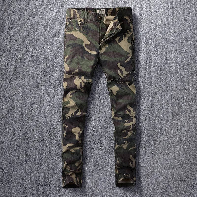 Men's Retro Elastic Slim Fit Jeans Military Green Water Washed Design Fashionable Designer Printed Trousers