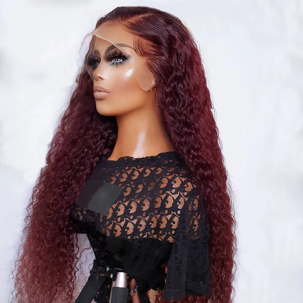 Perruque Lace Front Wig sans colle bordeaux, cheveux crépus bouclés, 26 pouces, 99j, pre-plucked, avec baby hair, pour femmes, 03/Wear