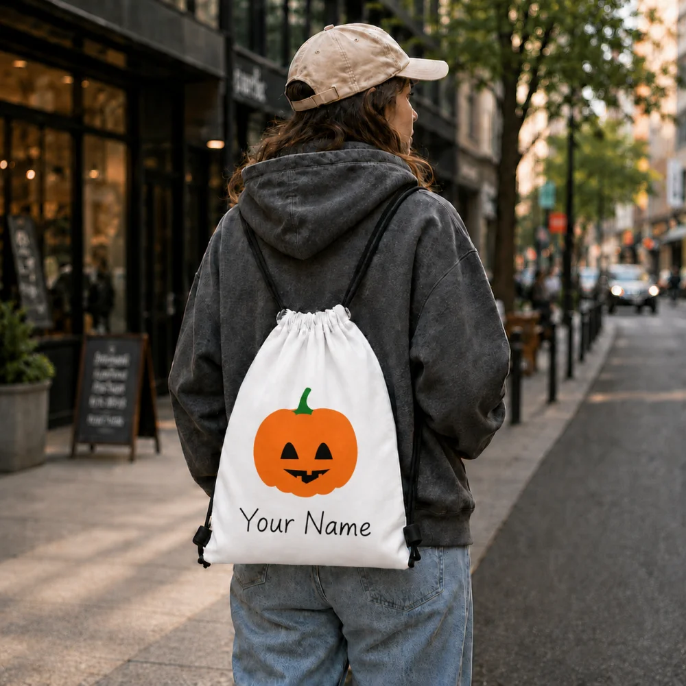 Custom Your Name Cute Jack O Lantern Drawstring Backpack, Halloween Orange Pumpkin Face Print Lightweight String Storage Bag