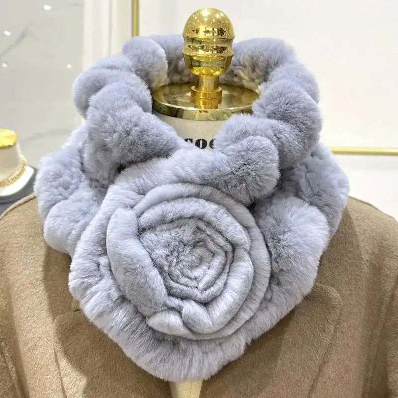 

Real Rex Rabbit Fur Scarf For Women Warm Flower Scarf Female Double-sided Thickened Fur Scarf Natural Rex Rabbit Fur Ring Scarf