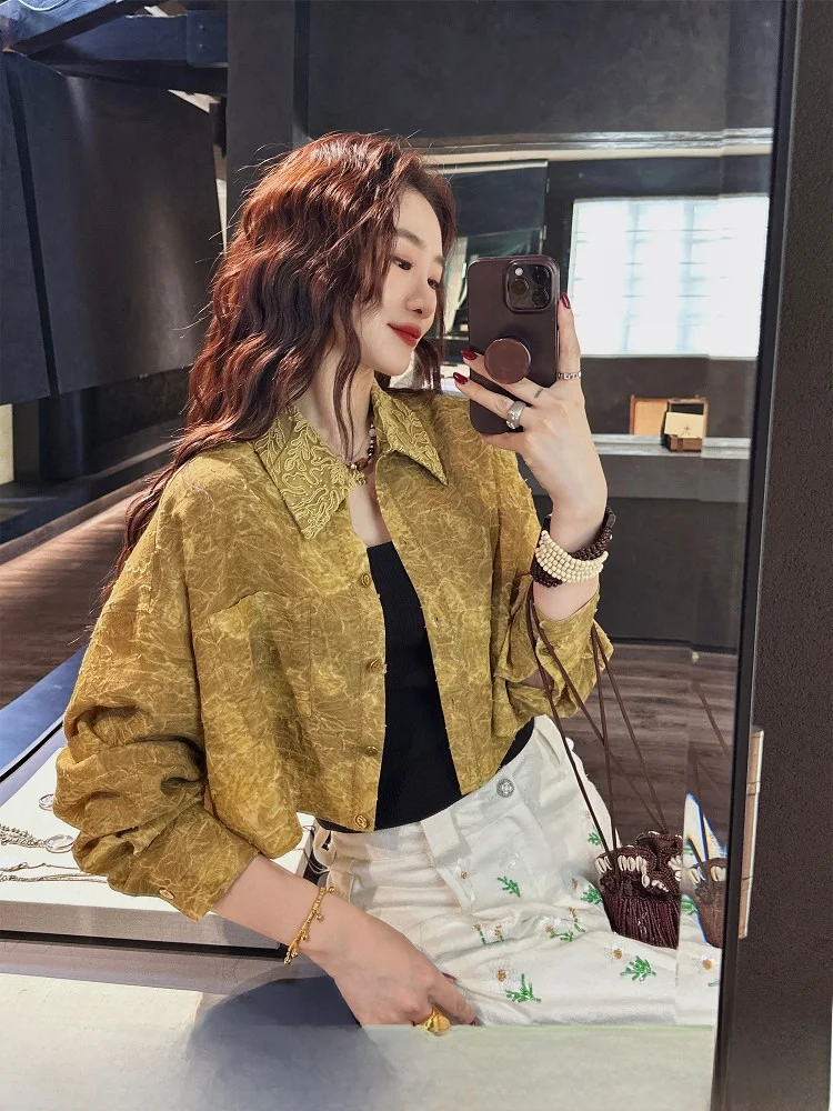 

Elegant Black Floral Lace Trim Silk Blend Women's Shirt 2025 Spring Season Commute Style Loose Fit Long Sleeve Breathable