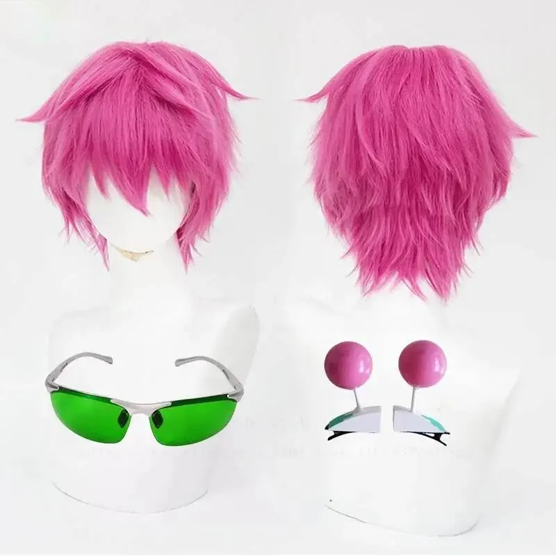 Saiki Kusuo Cosplay Wig Pink Hair Green Glasses Antenna Hair Clips Anime Role Play Props Headwear - view 5