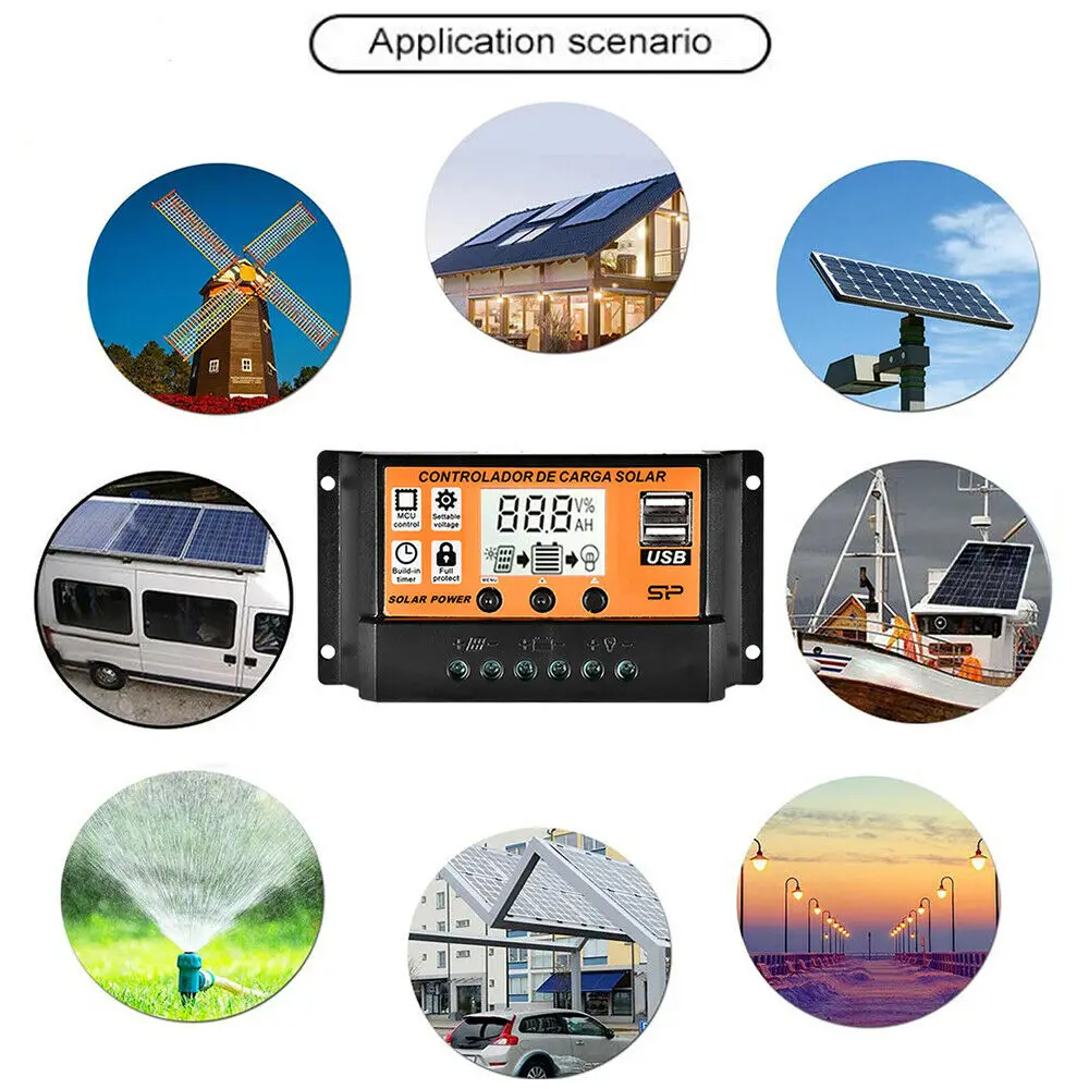 10~100A Dual USB Solar Controller LCD Display Solar Battery Regulator Real Time Display Temperature/Charge/Discharge Current