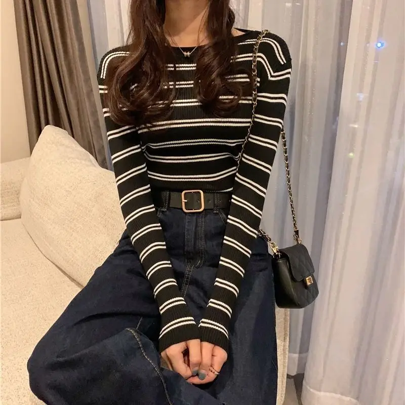 

Striped Slim All-match Youth Bottoming Shirt Spring Autumn Long Sleeve Vintage Knitting Sweaters Fashion Casual Women Clothing