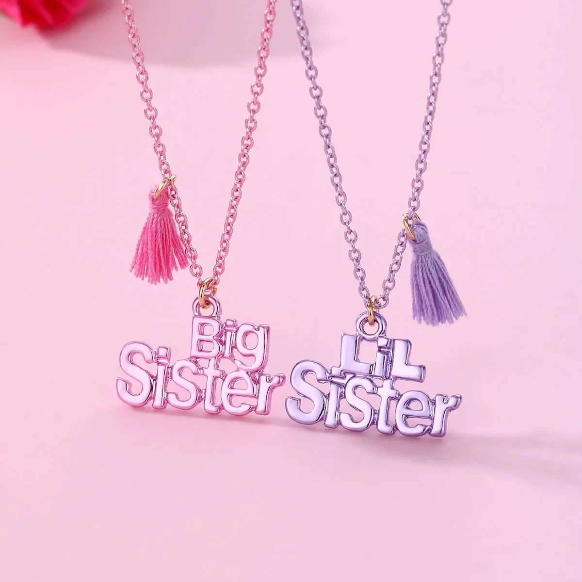 

2Pcs Cute Big Sister Lil Sister Alphabets Charm with Tassels Necklace for Women BFF Letter Pendant Jewelry Accessories Gifts