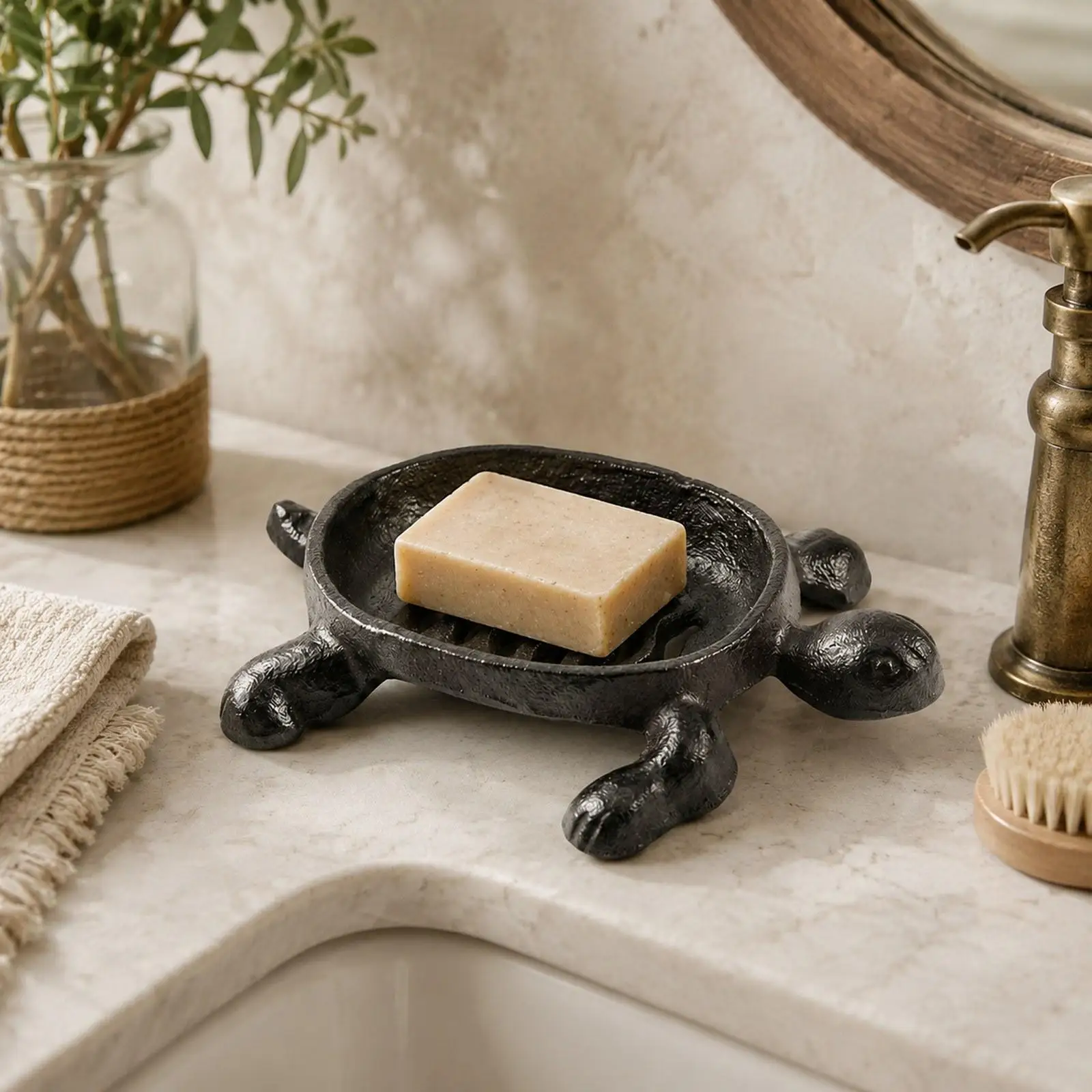 

Turtle Soap Dish Holder with Hollow Bottom Handmade Vintage Cast Iron for Countertop Farmhouse Home Gift