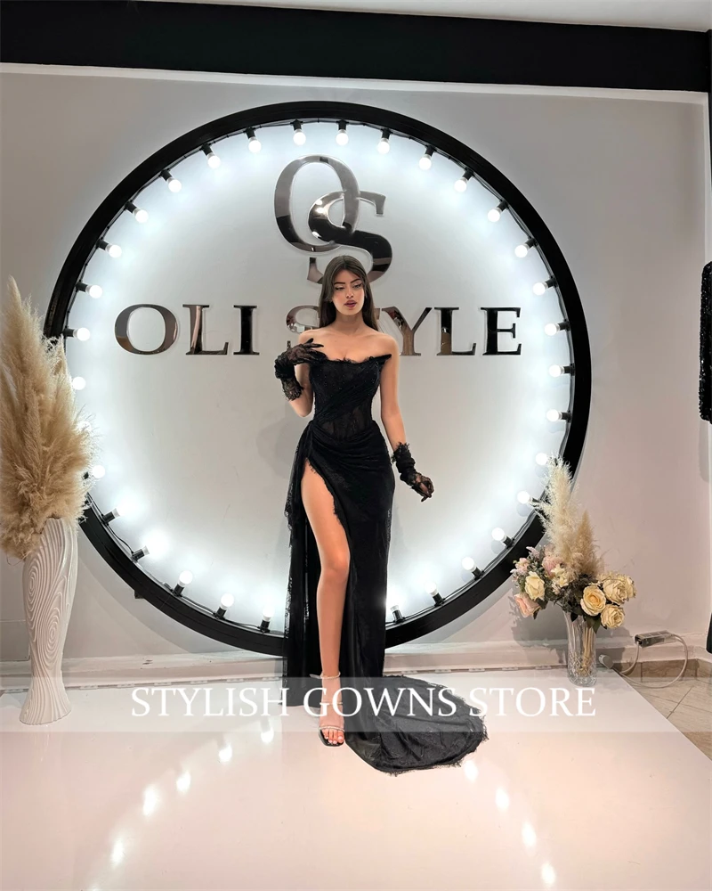 Black Strapless Evening Dresses Beautiful Women Dress Pleats Lace Birthday Prom High Slit Special Occasion Dress Customized