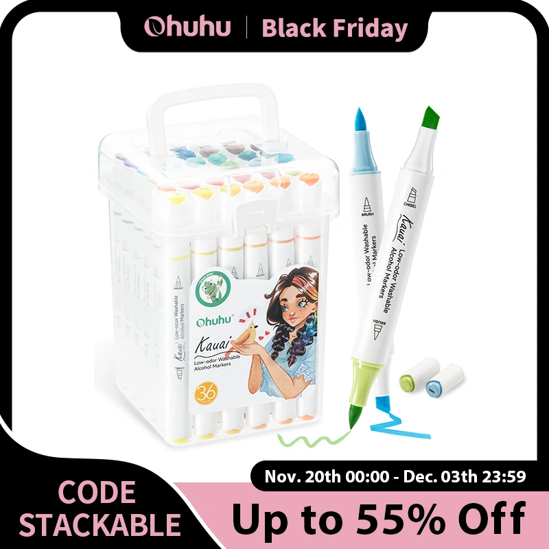 

Ohuhu Kauai 36 Colors Marker Pen Set Washable Alcohol Art Markers Low-odor Dual Tips Coloring Illustration Comics Art Supplies