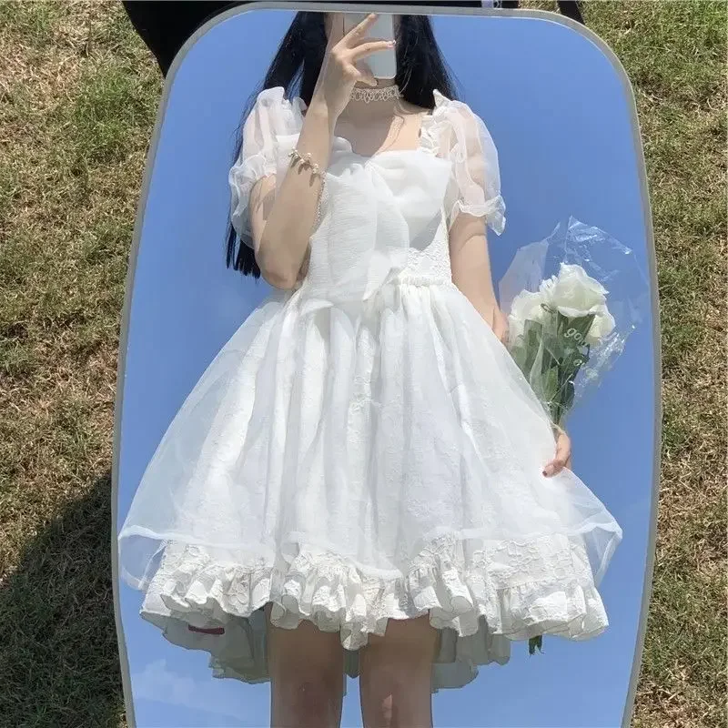 Vestido de Lolita de manga abullonada para niña, tutú Kawaii blanco, vestido de princesa, vestido de hada Lolita, vestido blanco coreano, dulce y lindo, japonés