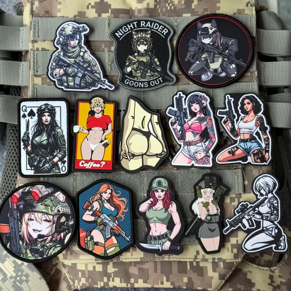 Airsoft Morale Tactical Patch Sexy Pinup Lady Anime Soldier NVG Rifle Printed Fabric PVC Badge Hook & Loop for Military Gear