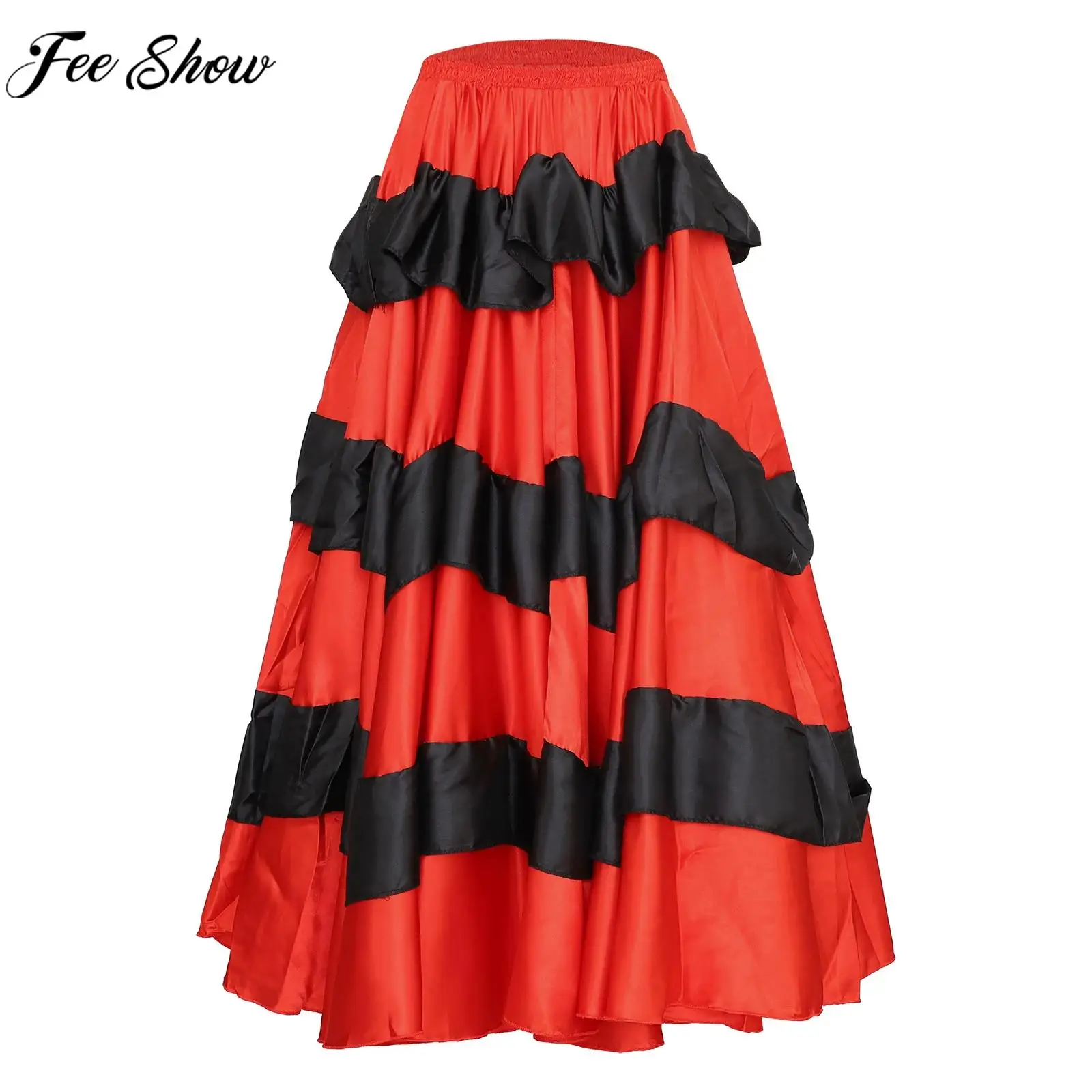 Women Flamenco Dance Skirt Spanish Paso Doble Belly Dancing Ballroom Cha-cha Tango Bomba Costume Wide Hem Tiered Satiny Skirts