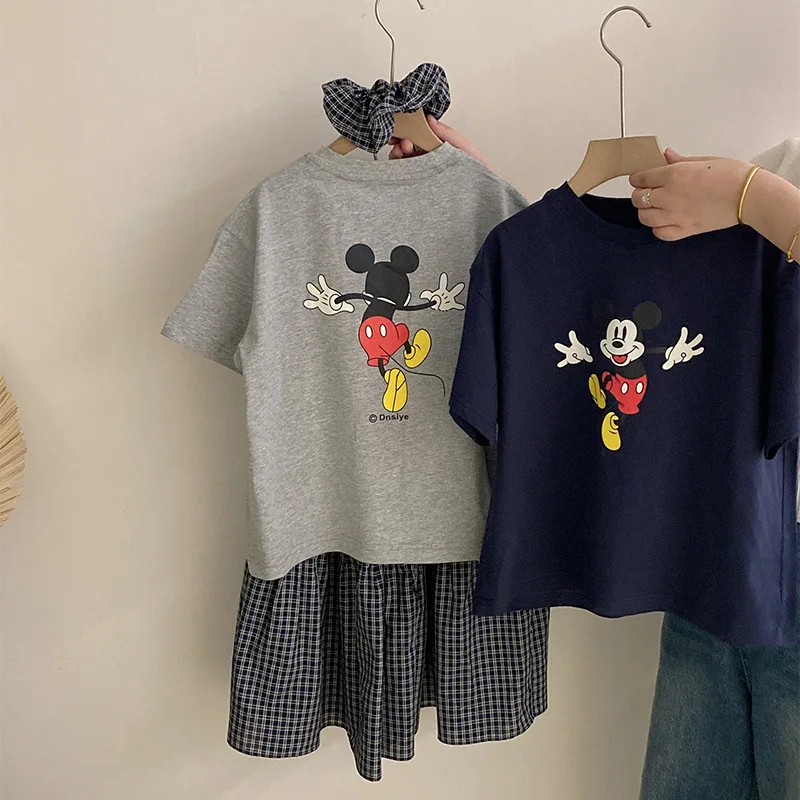

2026 Korean Girls Mickey T-Shirt Set, Cute Cartoon Top & Plaid Skirt 2-Piece