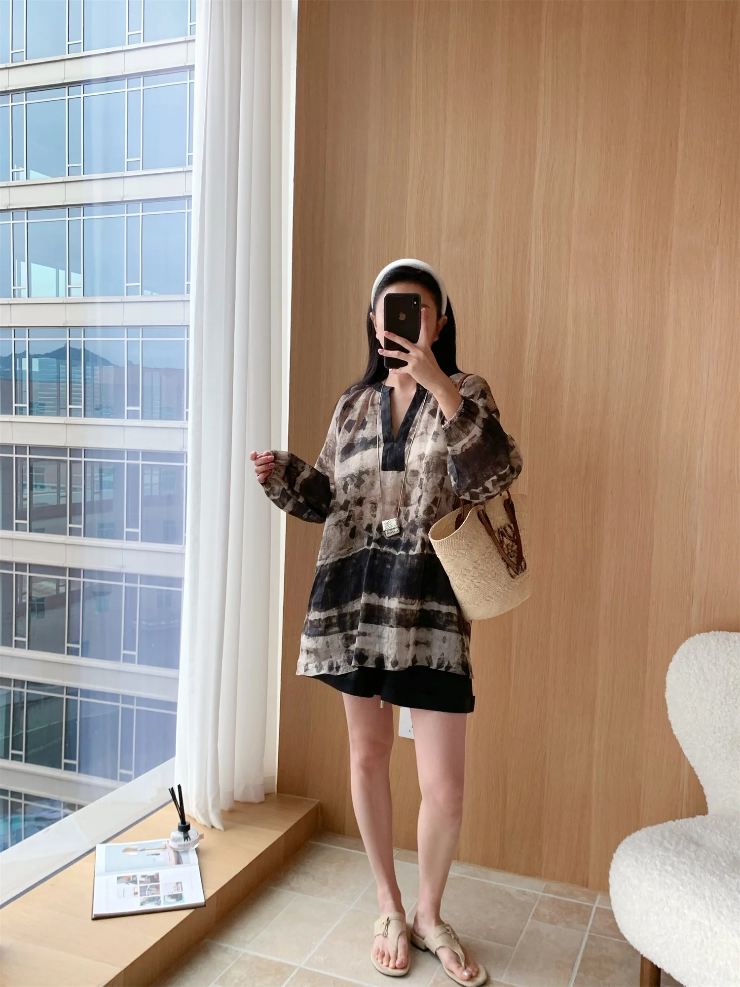 

Ретро-блузка из окрашенного шелка с воротником-ножницами, свободного кроя, с длинными рукавами, ультратонкая, дышащая, осенняя мода