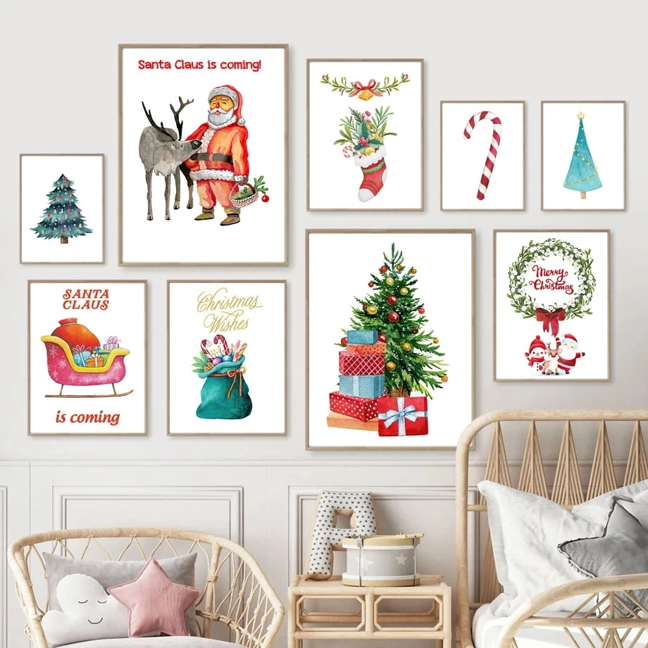 Christmas Tree Lovely Elk Vivid Wall Art Canvas Posters and High-definition Printed Pictures for Living Room Bedroom Home Decor