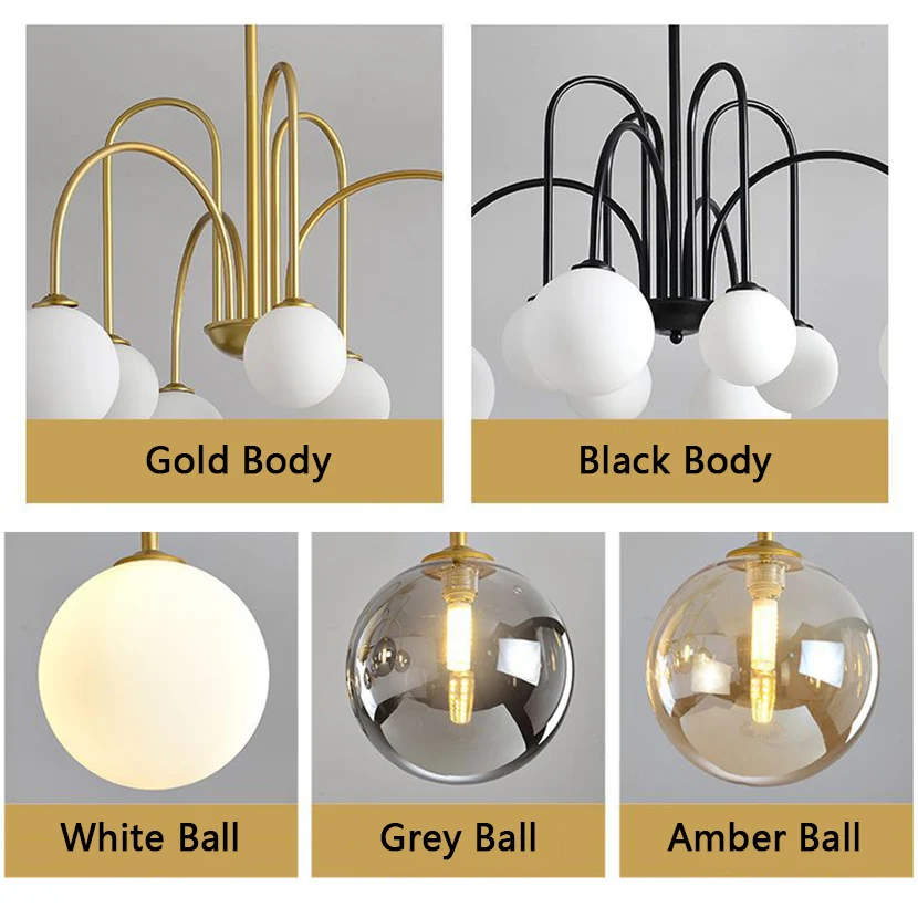 SANDYHA LED Hand Blown Glass Chandelier Gey White Ball Bent Iron Spider Molecular Ceiling Lamp Live Dining Room Vintage Lights