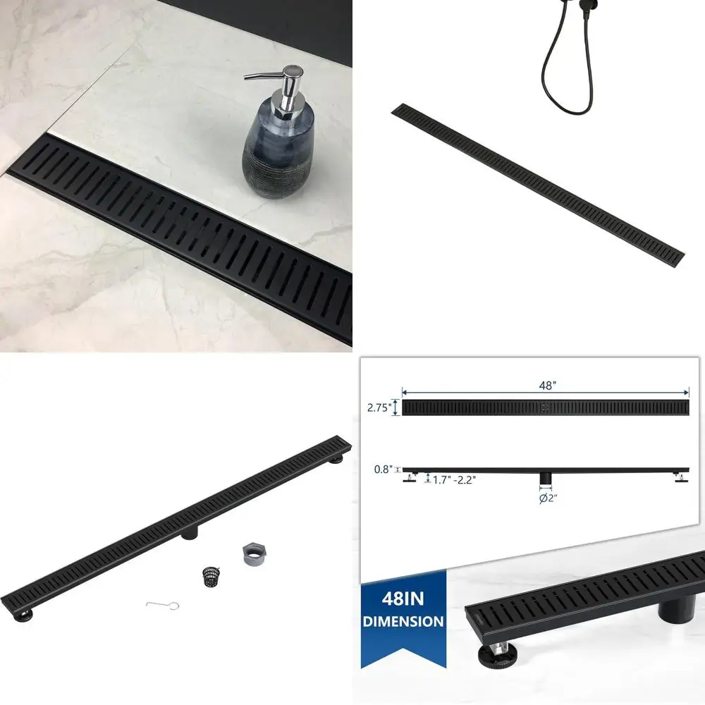 

48 Matte Black Linear Shower Drain, 304 Stainless Steel with Removable Grate and Hair Strainer, CUPC Certified