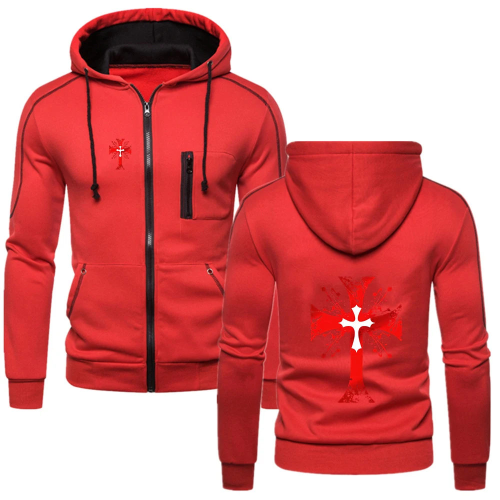 Knights Templar Logo Print Men's Long Sleeve Sweatshirt Hoodies Zipper Design Hooded Coat Sportswear Slim Fit Casual Jacket view 3