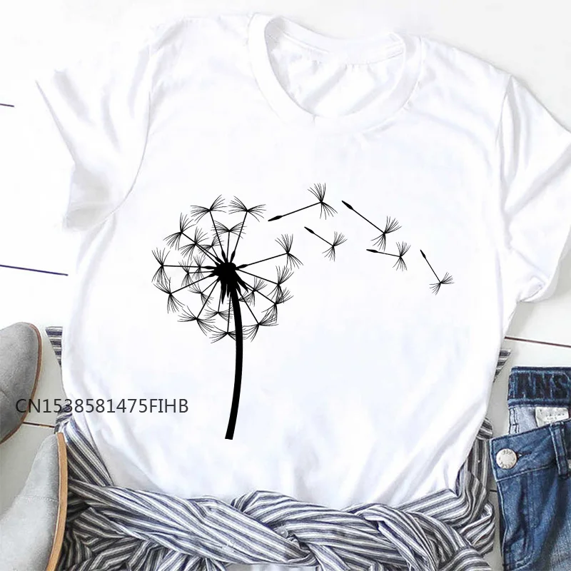 

New Dandelion Wildflower Print T-Shirt Women Funny T Shirt Aesthetic Gift For Lady Yong Girl Premium Tops Basic Tshirt