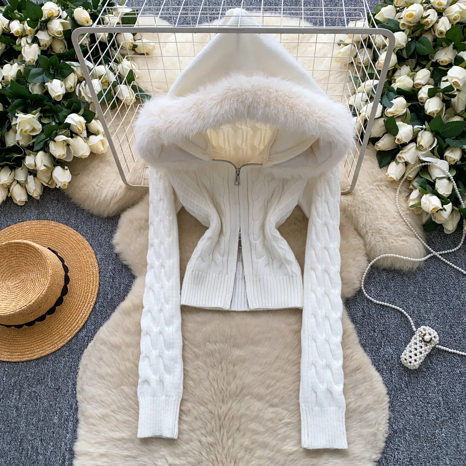 

Women Winter Hooded Twist Knit Tops Shirts Sweet Pullovers Sweater Lady Zipper Trendy Korea Fashion Warm Open Stitch Coat Jacket